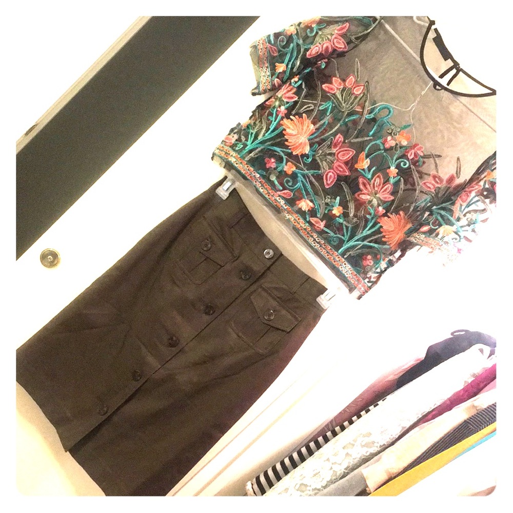 Army green button down skirt
